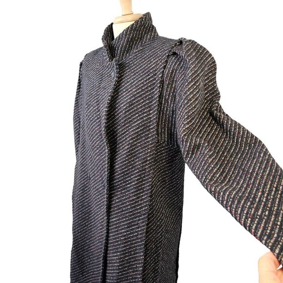 70s Peabody House Double Breast Coat Puff Slv Navy Blue Tweed Stripe Women 13/14 - Picture 8 of 13